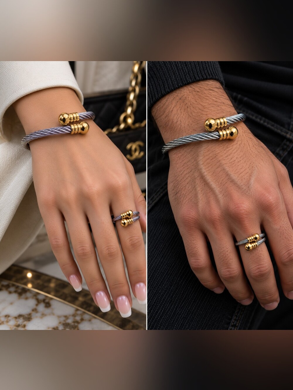 Gold-Tip Cable Wrap Bracelet and Ring Set in Silver and Lavender